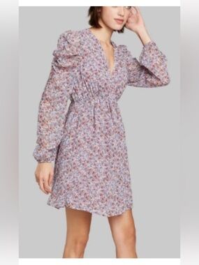 Mini Dress XS Purple Floral Puffed Sleeves Feminine Babydoll Romantic Garden